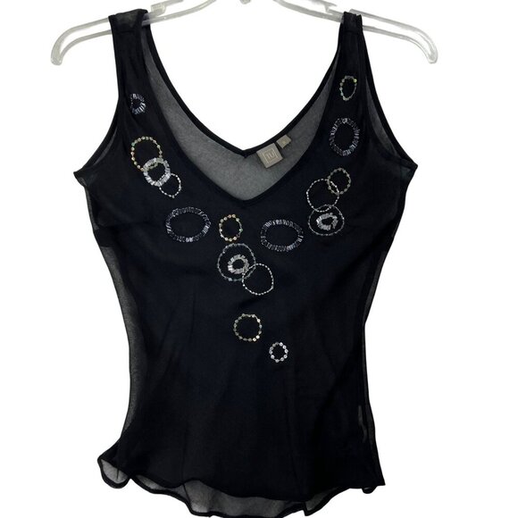 Y2K  Womens 8 Sheer Black Top Sequin Embellishment Tank By TU Artsy Fairy Goth - Picture 2 of 9
